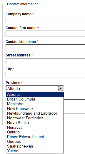 Registration form with Province field