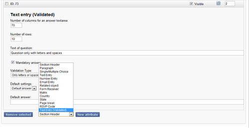 Screenshot of a survey with validated question types in edit mode