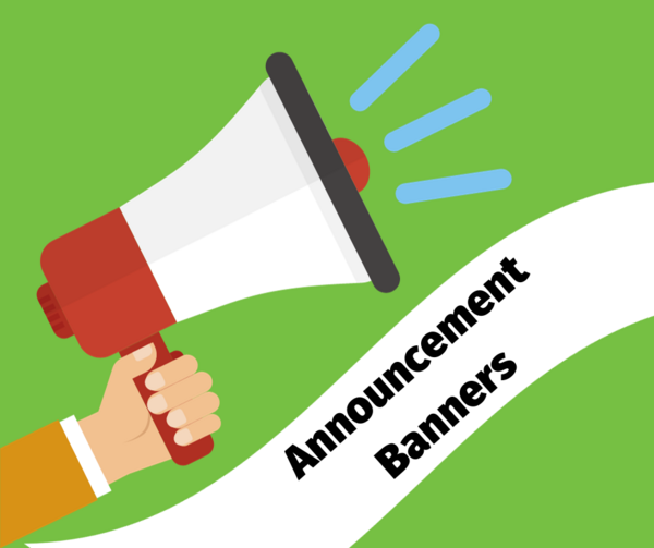 Cartoon hand holding a cartoon bulhorn over a banner that reads annoucement banners