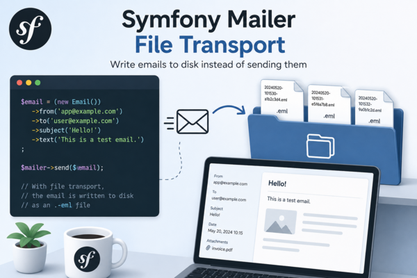 Symfony Mailer: File Transport. Write emails to disk instead of sending them. Image of a window of code, beside a computer with a test email.