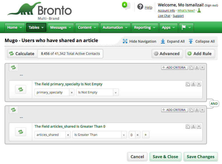 a list of bronto segment rules